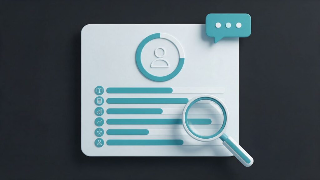 AEO Grader da HubSpot: ilustração de um boletim de nota com selo circular, barras de pontuação, uma lupa e um balão de IA