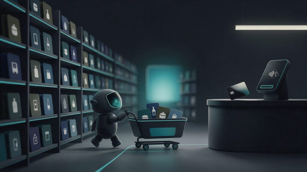 Agentic commerce protocol: illustration of a robot pushing a shopping cart between shelves toward the checkout