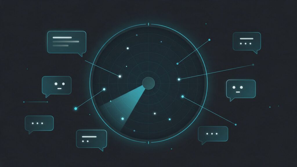 Ahrefs Brand Radar: ilustração de uma tela de radar que detecta pontos ligados a balões de resposta de IA