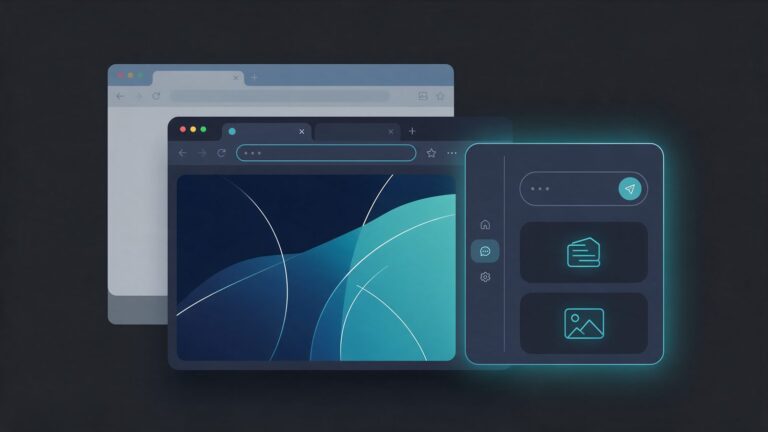 AI browser: illustration of overlapping browser windows with an AI assistant side panel