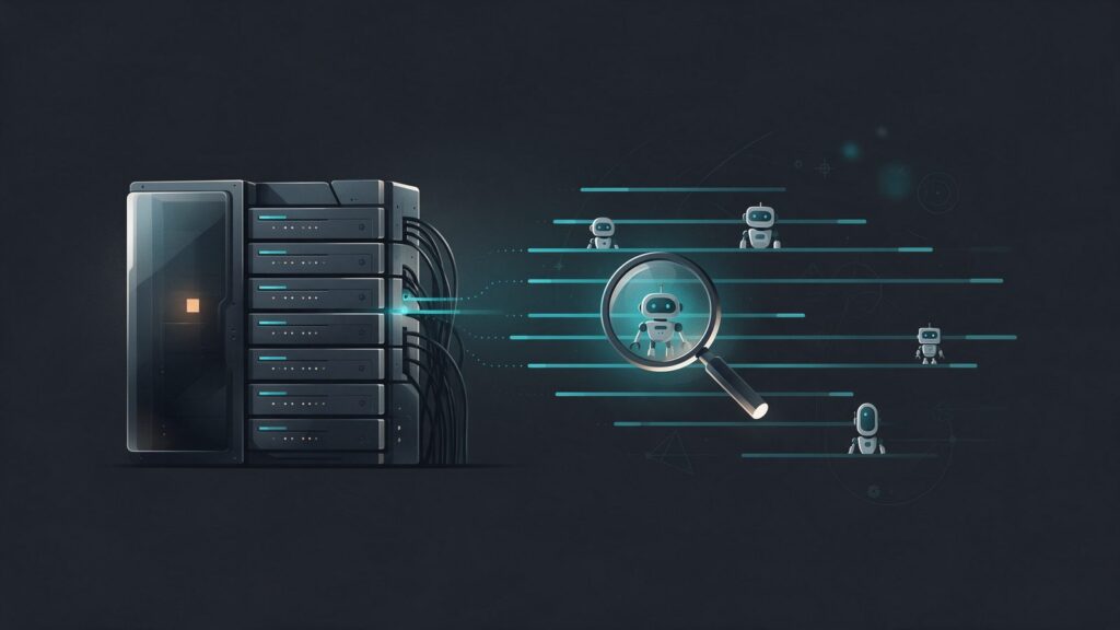 AI crawlers in server logs: illustration of a server releasing log lines with robots tagged by user agent and a magnifying glass over one of them