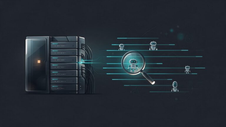 AI crawlers in server logs: illustration of a server releasing log lines with robots tagged by user agent and a magnifying glass over one of them