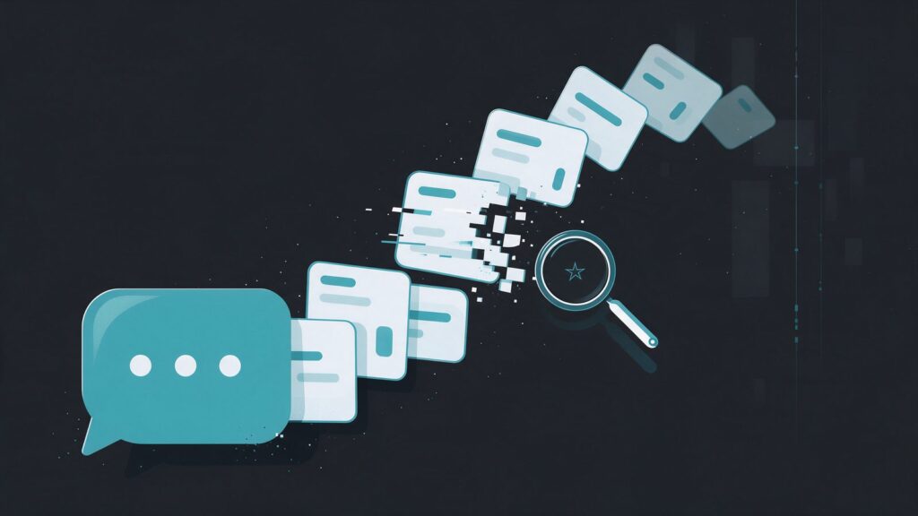 AI hallucination: illustration of an AI bubble releasing fact cards, one of them broken and examined by a magnifying glass