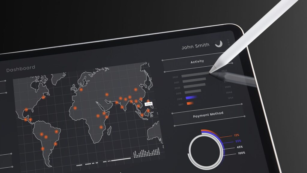 AI traffic in GA4: tablet showing a traffic dashboard with a world map