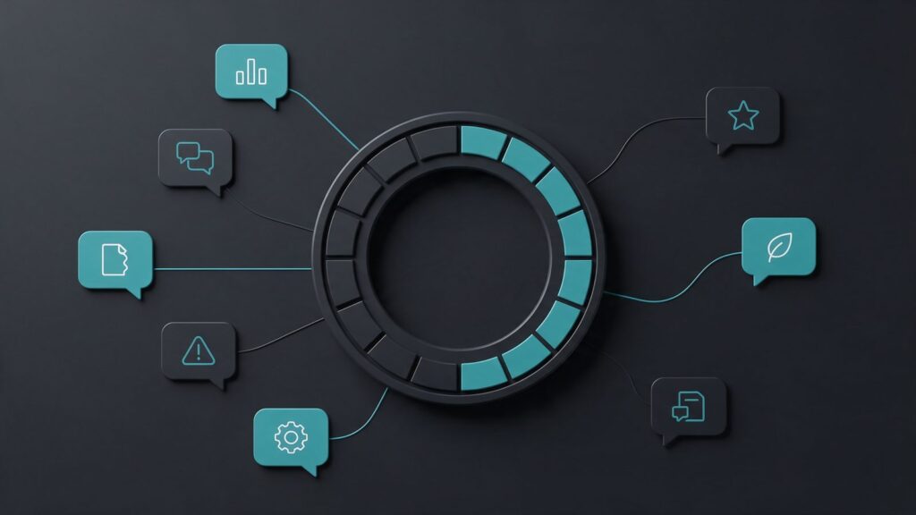 AI visibility score: ilustração de um medidor circular de pontuação alimentado por vários balões de IA