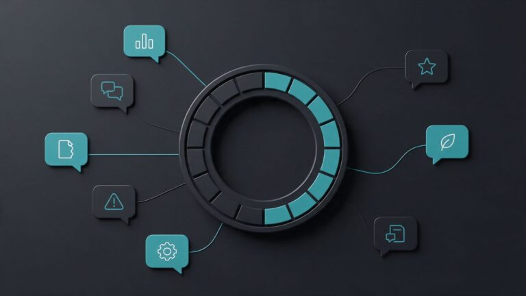 AI visibility score: ilustração de um medidor circular de pontuação alimentado por vários balões de IA