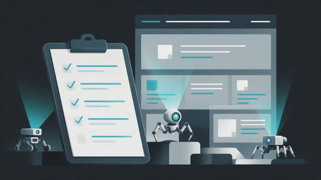 Auditoria técnica de SEO: ilustração de uma prancheta de checklist diante de um site inspecionado por três robôs rastreadores