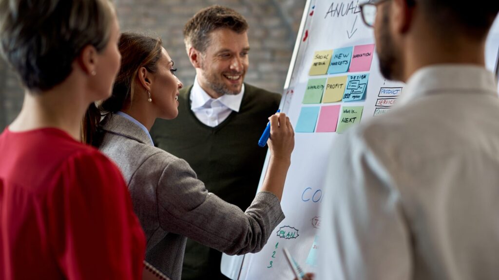 B2B content marketing: team planning content on a whiteboard with colored sticky notes