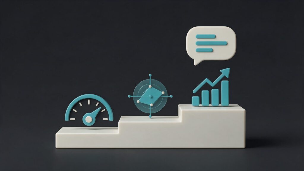 Best AEO and GEO tools: illustration of a podium with a gauge, a radar and a chart, with an AI bubble over the top step