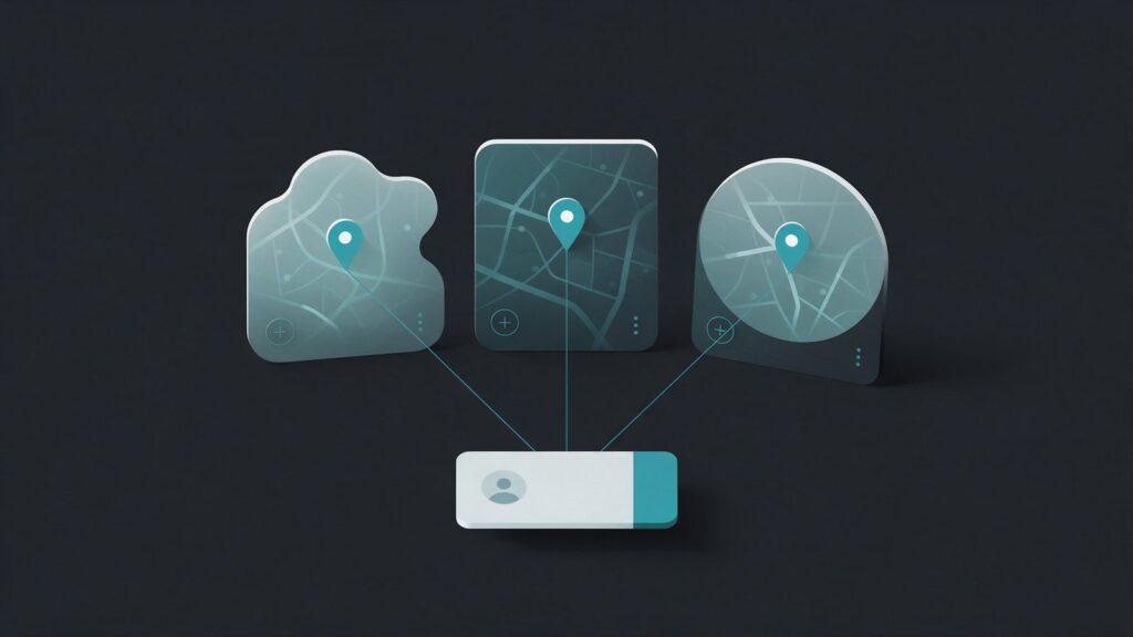 Bing Places para empresas: ilustração de três mapas diferentes com pinos ligados a um único cartão de empresa
