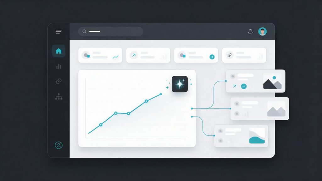 Bing Webmaster Tools AI Performance: ilustração de um painel de webmaster com gráfico de citações em alta e páginas do site ligadas a ele