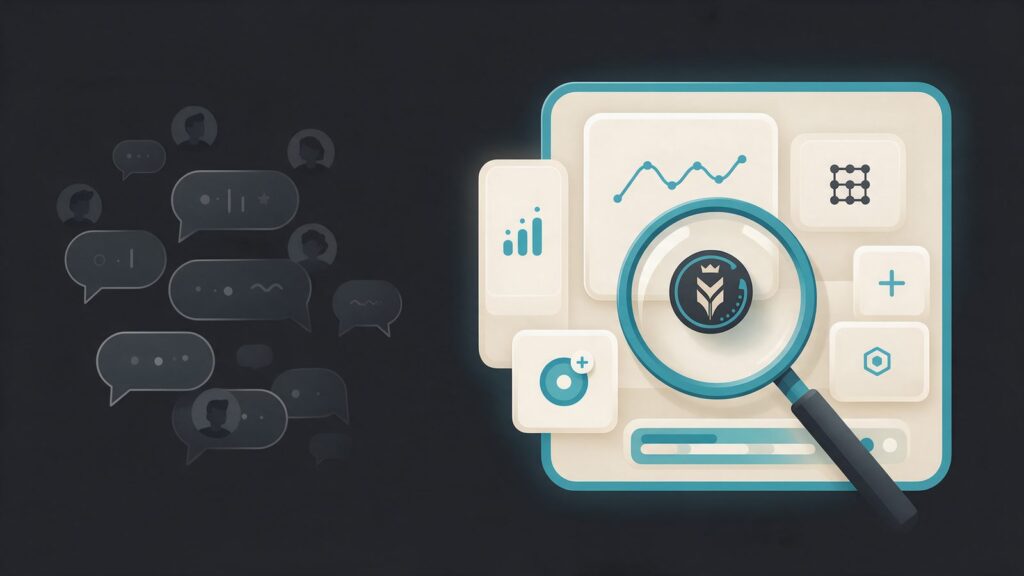 Brand monitoring tools: illustration of a magnifying glass finding a brand badge only inside AI answers, next to faded social conversations