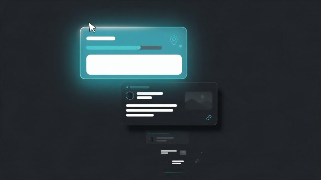 Busca zero clique: ilustração de uma página de busca com a caixa de resposta em destaque e os links abaixo apagados, sem clique