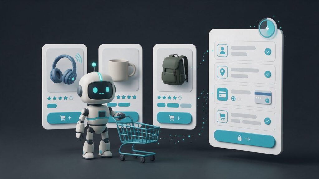 ChatGPT agent mode: illustration of a robot with a shopping cart in front of starred product cards and a checkout screen