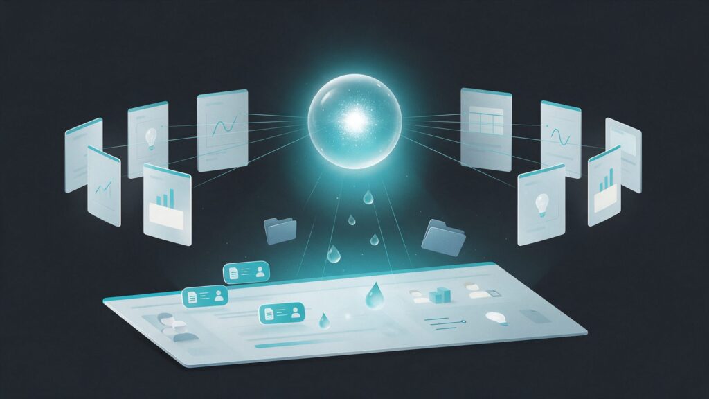 ChatGPT deep research: illustration of a glowing orb surrounded by pages that assemble a report on a table