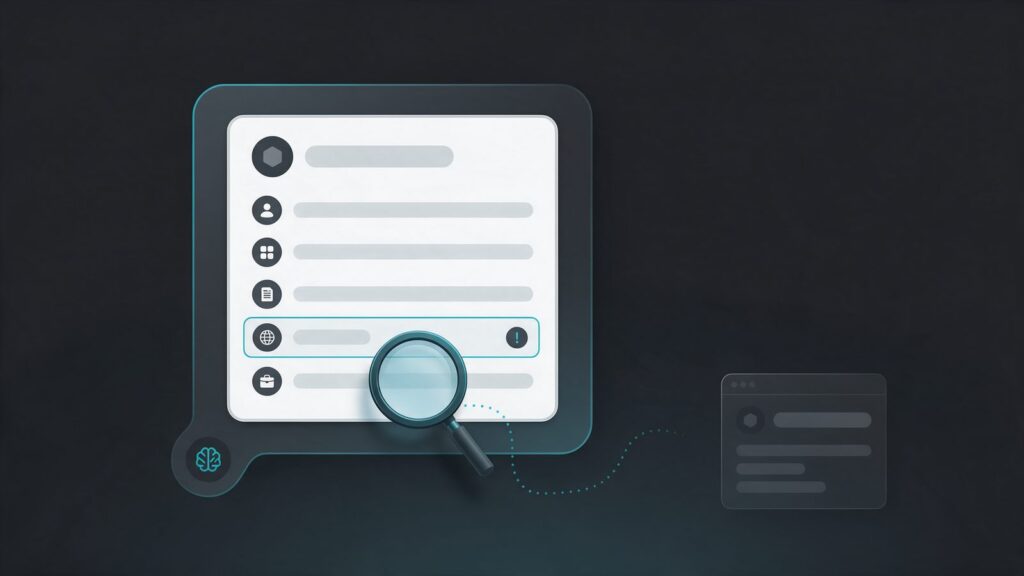 ChatGPT inventa informações: ilustração de um perfil de empresa numa resposta de IA, com uma linha errada rastreada por uma lupa até a página de origem