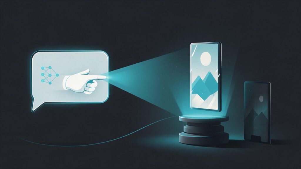 Get ChatGPT to recommend your business: illustration of an AI bubble pointing at a lit competitor product on a pedestal, with another product in the shadow