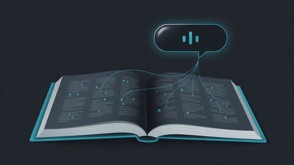 Company Wikipedia page: illustration of an open encyclopedia with reference marks linked to an AI bubble