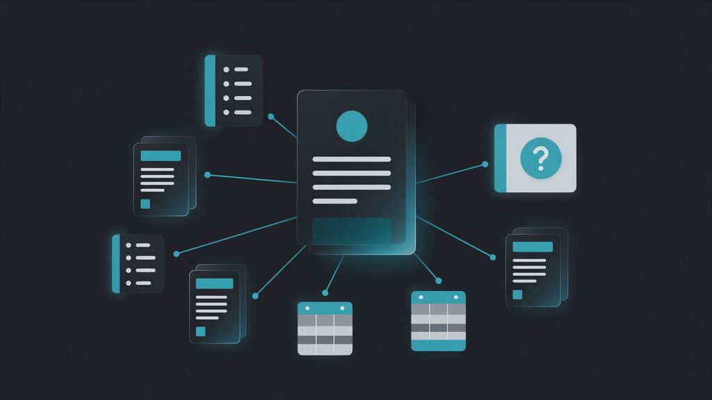 How to do content marketing: illustration of a content cluster map with a central pillar linked to articles, lists and questions