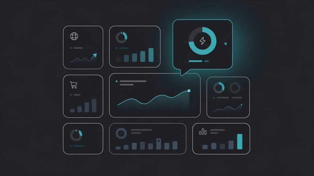 Digital marketing KPIs: illustration of a marketing KPI dashboard with a new indicator shaped like an AI bubble