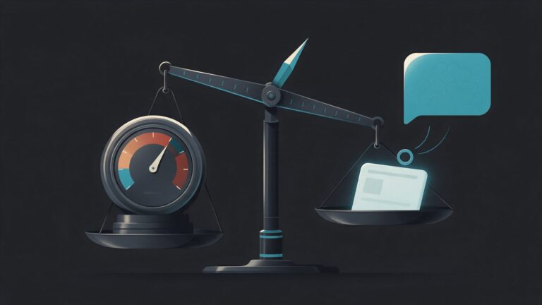 Domain authority: illustration of a scale where a relevant article outweighs a domain strength gauge
