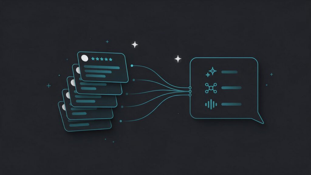 G2 e Capterra: ilustração de avaliações de software com estrelas ligadas a um balão de IA que resume as notas