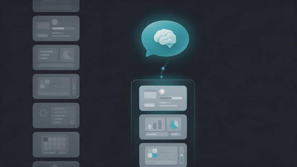 GEO for B2B and SaaS: illustration of an AI bubble with a brain picking a short list of cards from many faded ones