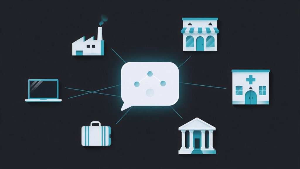 GEO for business: illustration of a central chat bubble linked to icons of a factory, a store, a hospital, a bank, a briefcase and a laptop
