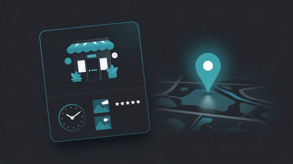 Google Business Profile optimization: illustration of a business profile with a storefront, an opening hours clock, photos and five stars, beside a map with a pin