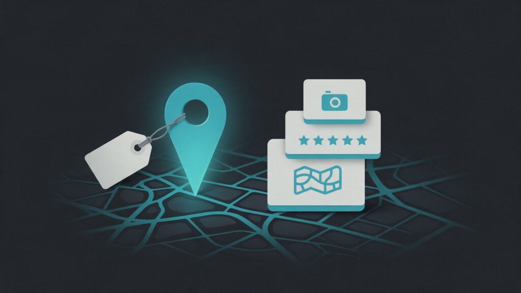 How much to charge for Google Business Profile and local SEO: illustration of a location pin on a street map with a price tag tied to it and three service cards beside it