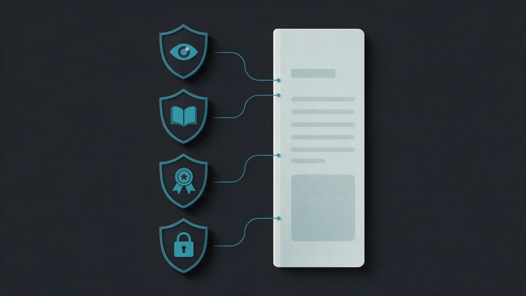 Google E-E-A-T: illustration of four shields with an eye, a book, a medal and a padlock linked to an article page