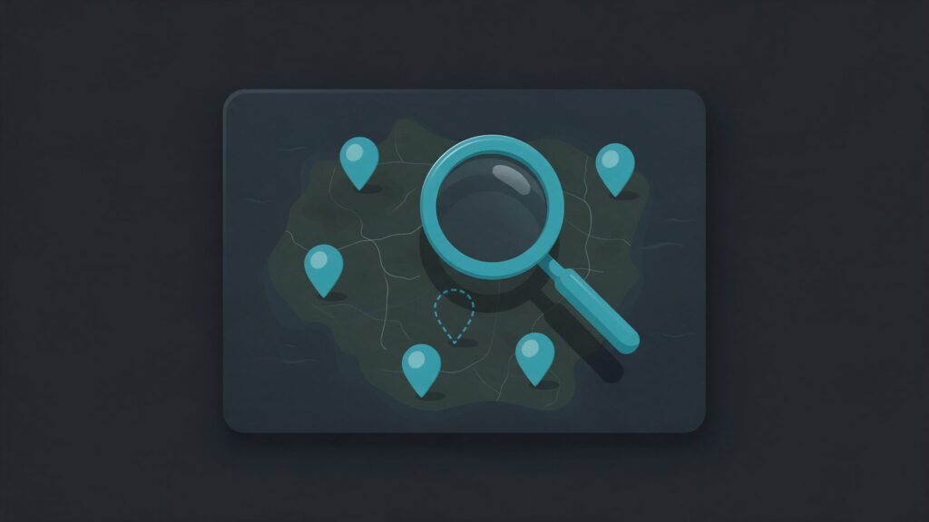 Google Meu Negócio não aparece: ilustração de uma lupa sobre um mapa com pinos de localização e um pino apagado no meio
