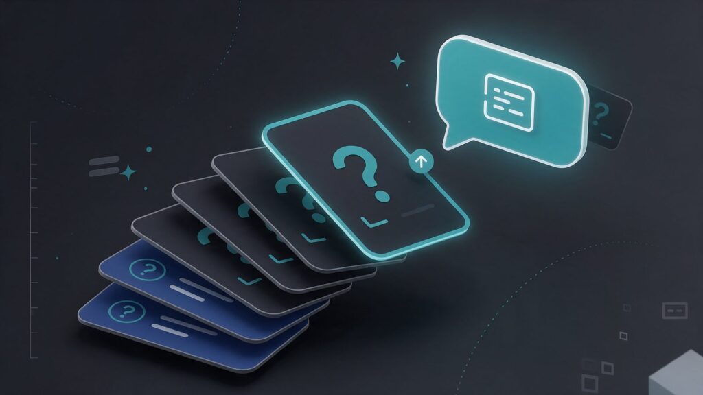 How to create an FAQ: illustration of stacked question cards leading to an answer bubble