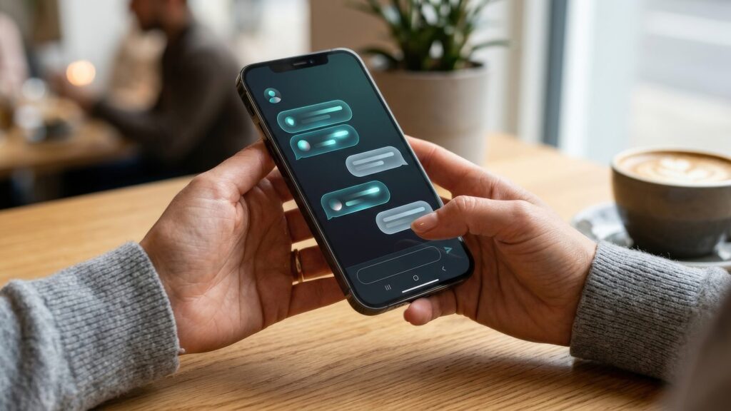 How to show up in ChatGPT: hands holding a smartphone with a chatbot conversation on screen