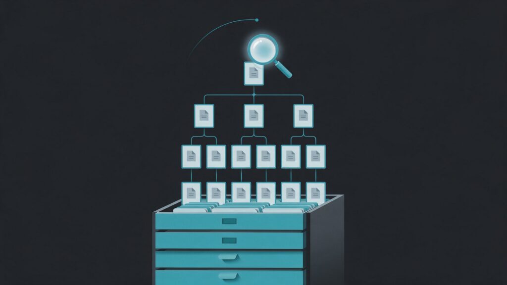 Index website on Google: illustration of a tree of pages entering an index cabinet, with a magnifying glass inspecting the top page