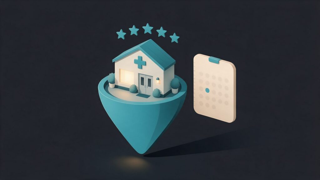 Local SEO for clinics: illustration of a clinic with a medical cross on a location pin, with five stars and a calendar beside it