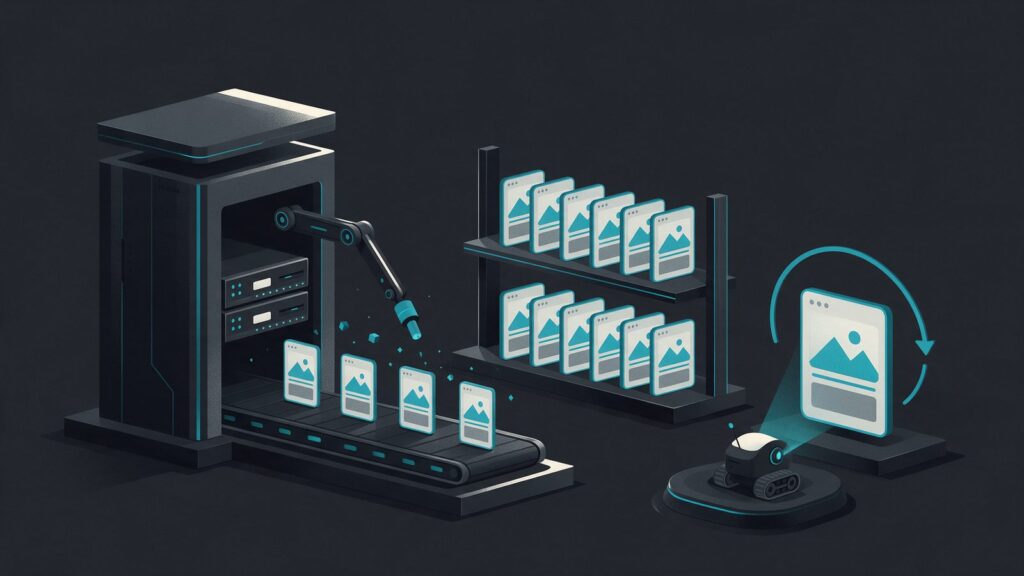 Next.js SEO: ilustração de um servidor que monta páginas prontas numa esteira, com uma prateleira de páginas e um robô lendo uma delas