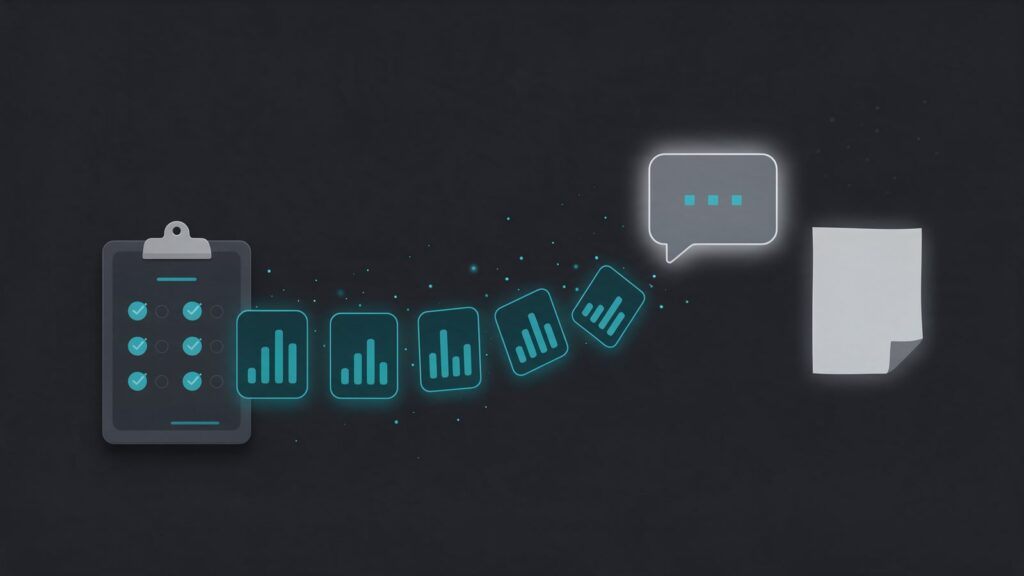 Original research and proprietary data: illustration of a survey clipboard whose results become charts flowing to an AI bubble and a newspaper