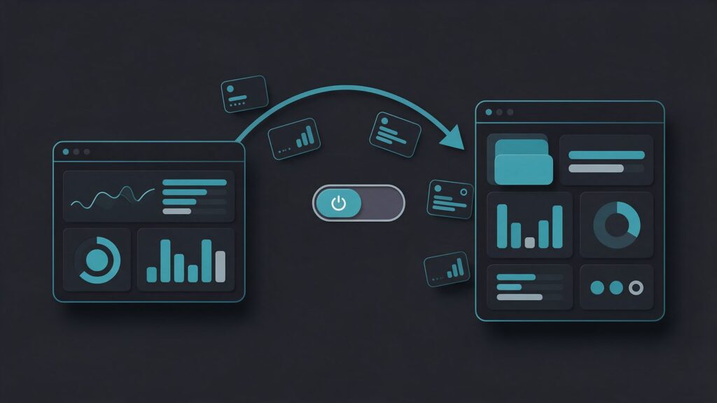 Peec AI alternatives: illustration of data migrating from one monitoring dashboard to another, with a switch in between