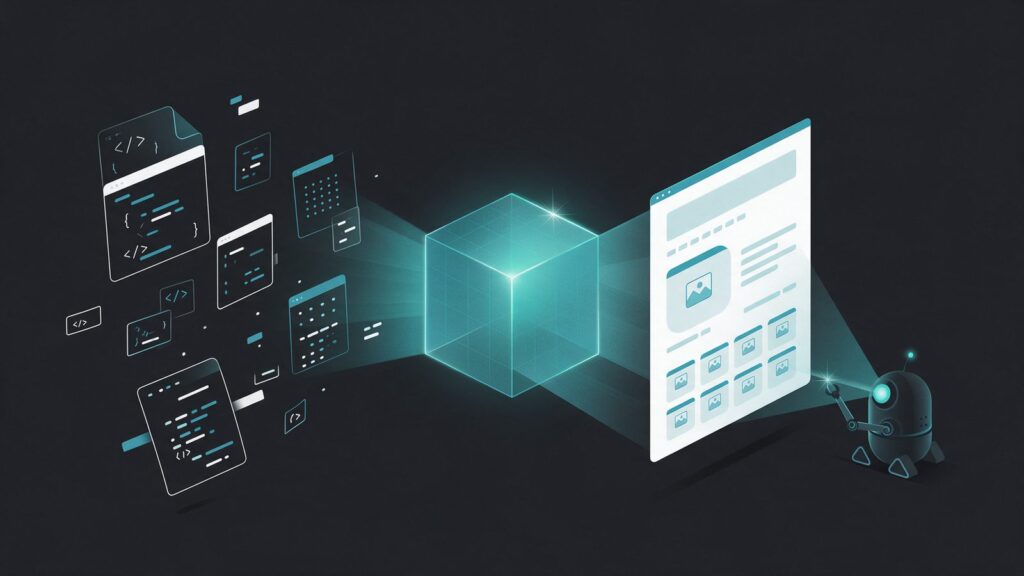 Prerender.io: ilustração de fragmentos de código que passam por um cubo de renderização e viram uma página estática lida por um robô