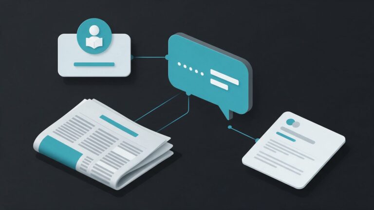 Publicar artigo no LinkedIn e em jornal: ilustração de um jornal e de um cartão de perfil ligados a um balão de conversa e a uma página de artigo