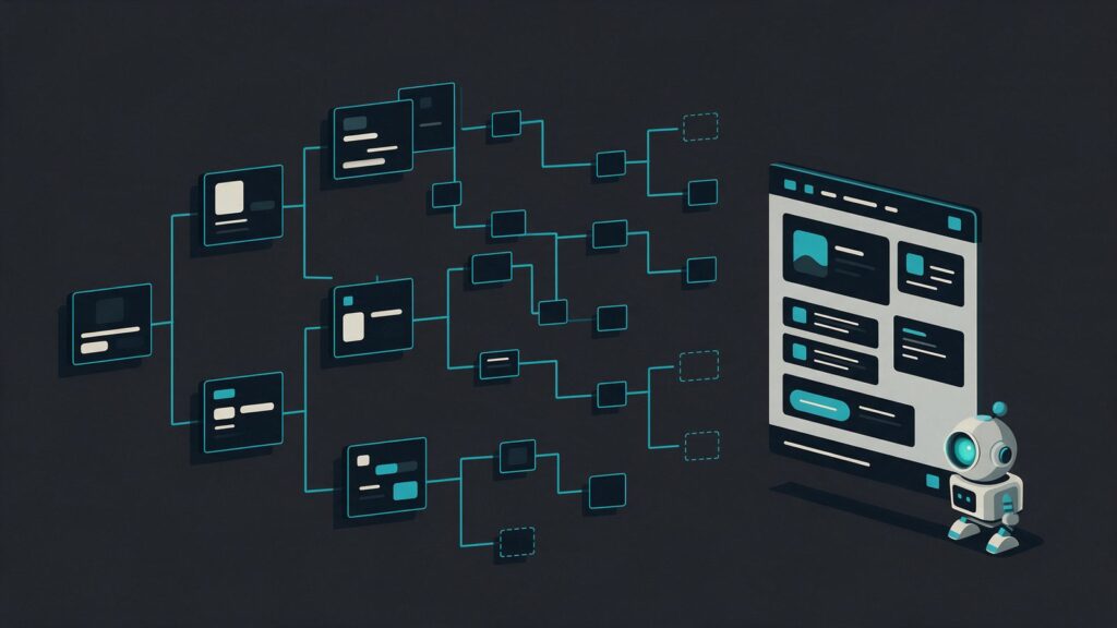 React SEO: illustration of a tree of interface components assembling a page read by a robot