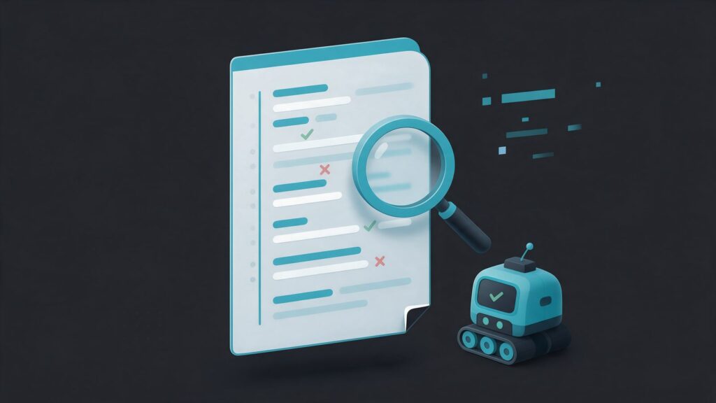 Robots.txt checker: illustration of a rules file examined by a magnifying glass, with check and cross marks and a robot beside it
