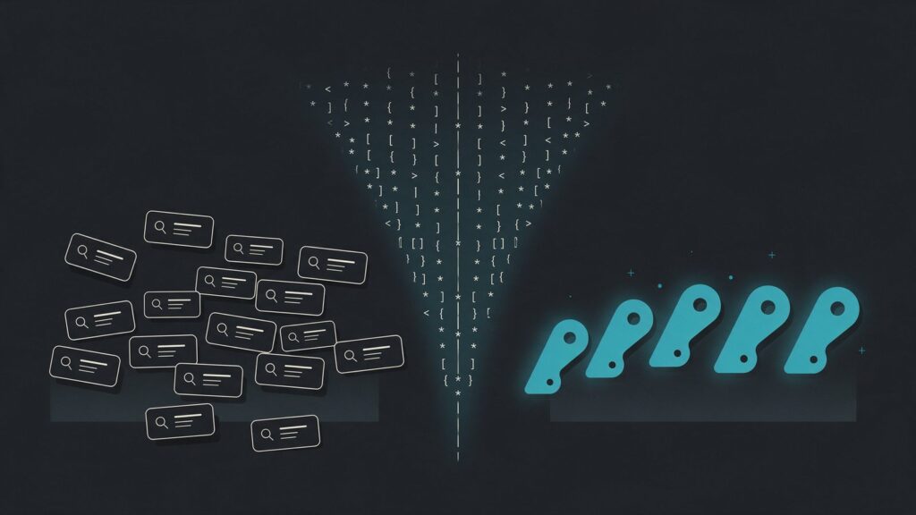 Search Console regex: illustration of search queries filtered through a funnel of pattern symbols that lets only long questions through