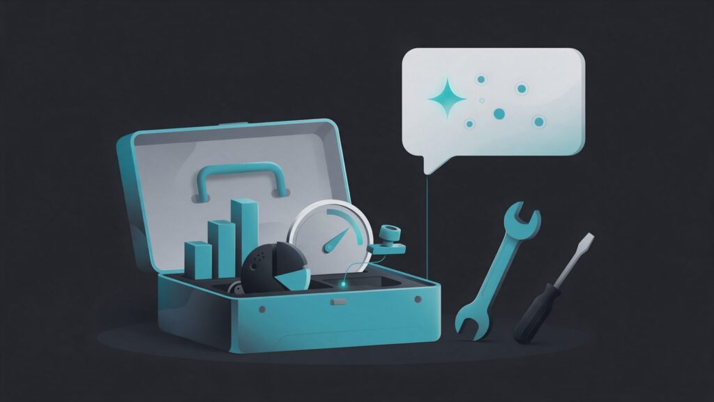Semrush AI Visibility Toolkit: ilustração de uma caixa de ferramentas com gráficos e medidores e um balão de IA acima