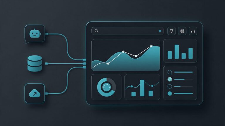 SEO dashboard template in Data Studio: illustration of a data dashboard with line, bar and donut charts linked to three data sources