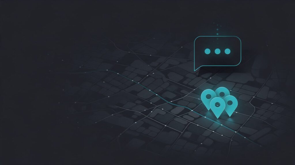 SEO local: ilustração de um mapa escuro com três pinos de localização agrupados e um balão de conversa acima deles