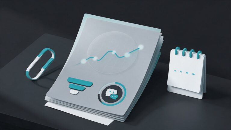 SEO report for a client: illustration of a monthly report with a traffic chart, a conversion funnel and an AI gauge