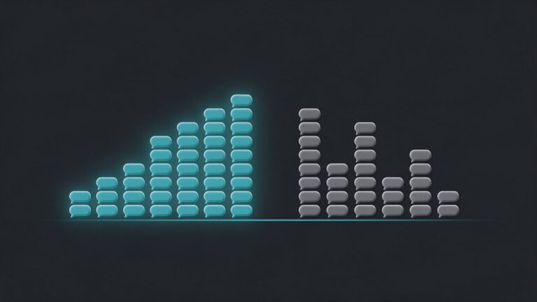 Share of model: ilustração de barras feitas de balões de IA, com a série de uma marca em destaque e as concorrentes em cinza