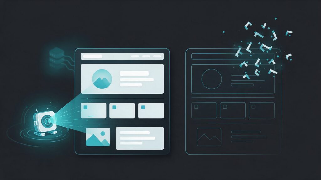 SSR and CSR: illustration of a crawler reading a rendered page next to an empty page being built by code